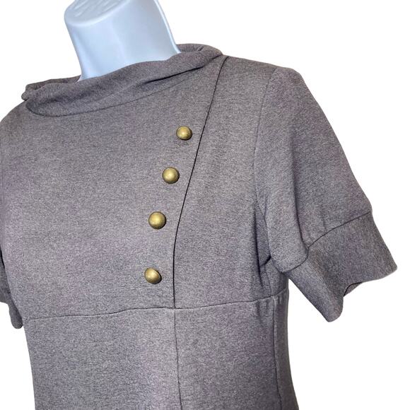Eliza J Ponte Gray Dress Button Accent Cowl Neck Short Sleeve Fit Flare 8 Petite - Picture 12 of 15
